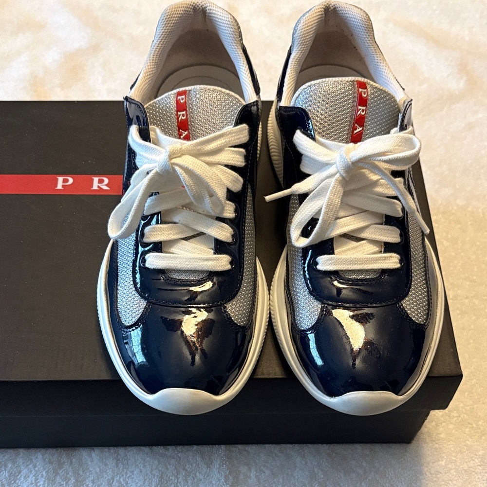 Prada Dark Blue and White Lace-Up Sneakers